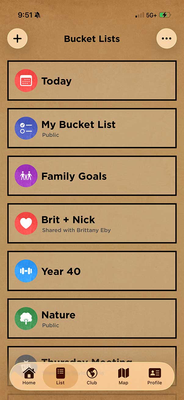 Bucket lists and nested list organization in the Bucket List App