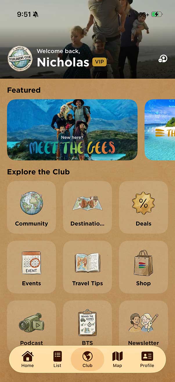 Explorers Club dashboard in the Bucket List App