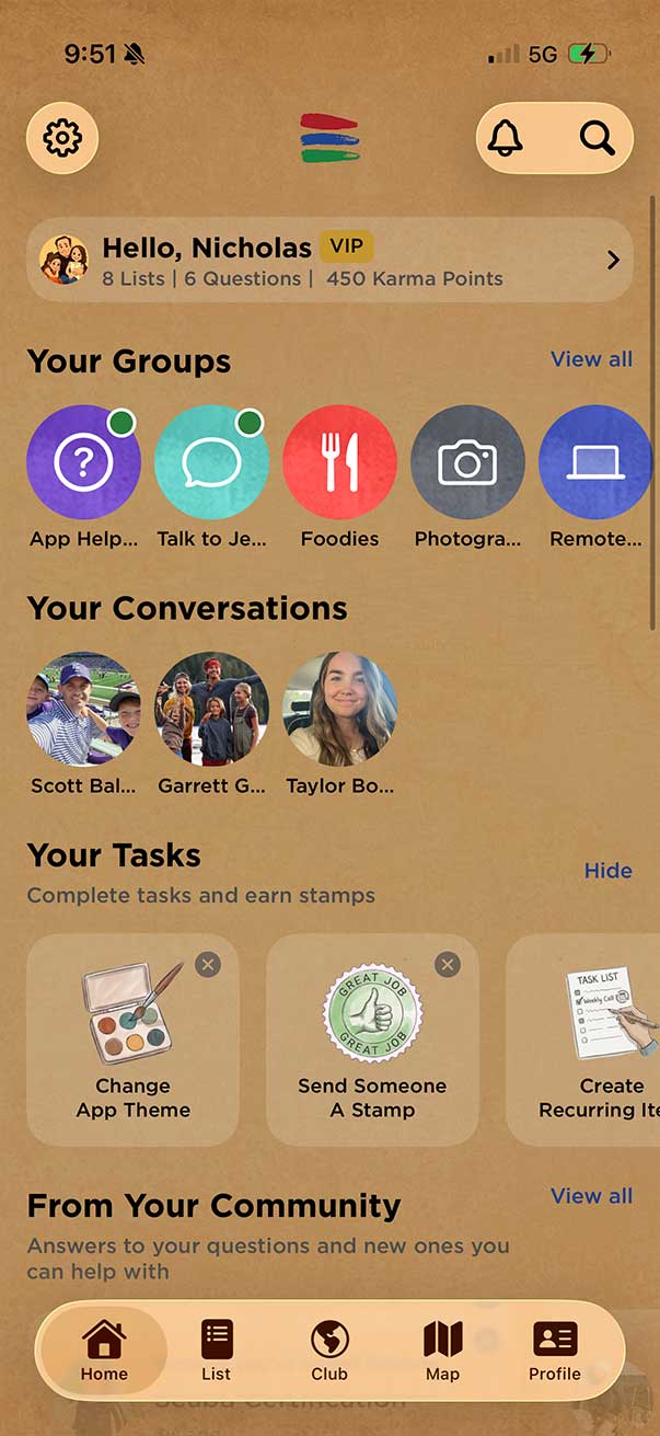 Home feed dashboard in the Bucket List App