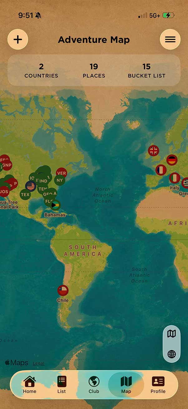 Custom travel map in the Bucket List App