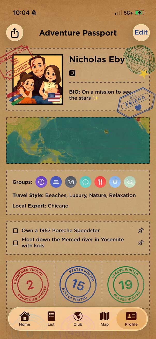 Adventure Passport stamps and travel stats in the Bucket List App